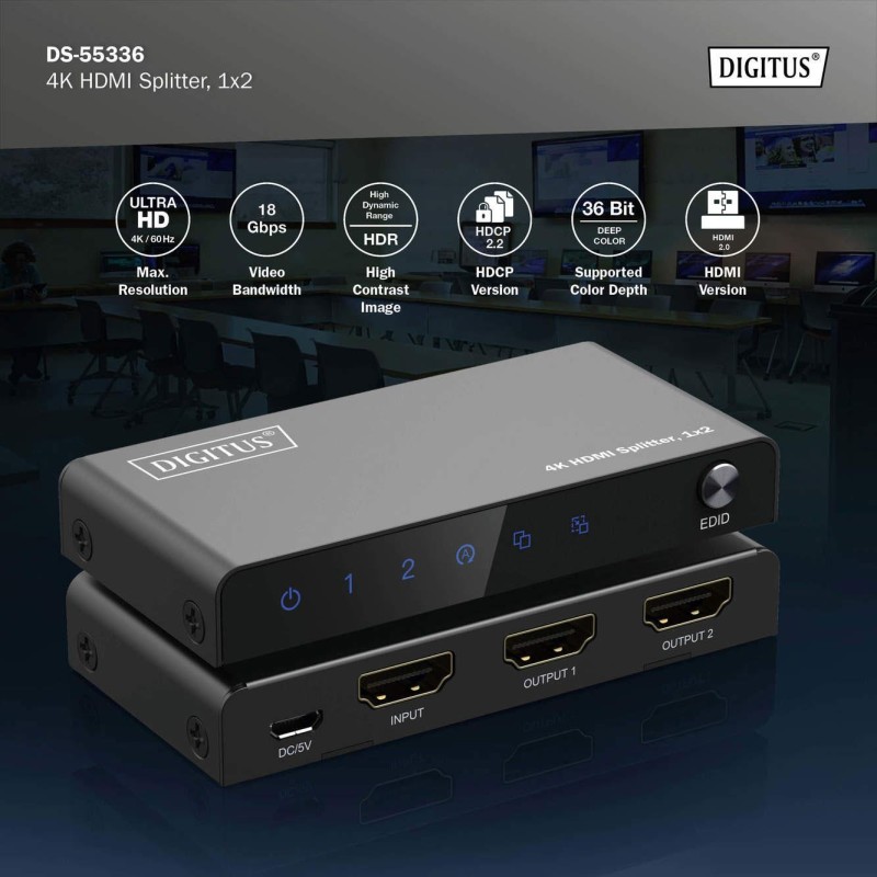 Rozdzielacz/Splitter DIGITUS HDMI 1x2, 4K/60Hz UHD z HDR, 18… | PartsPC.pl