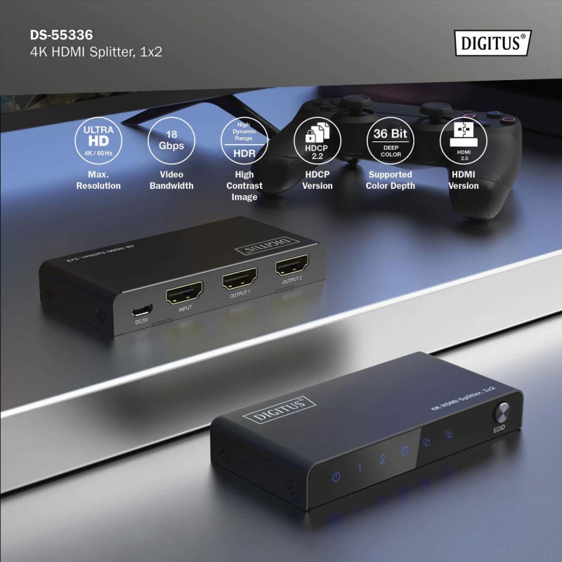 Rozdzielacz/Splitter DIGITUS HDMI 1x2, 4K/60Hz UHD z HDR, 18… | PartsPC.pl