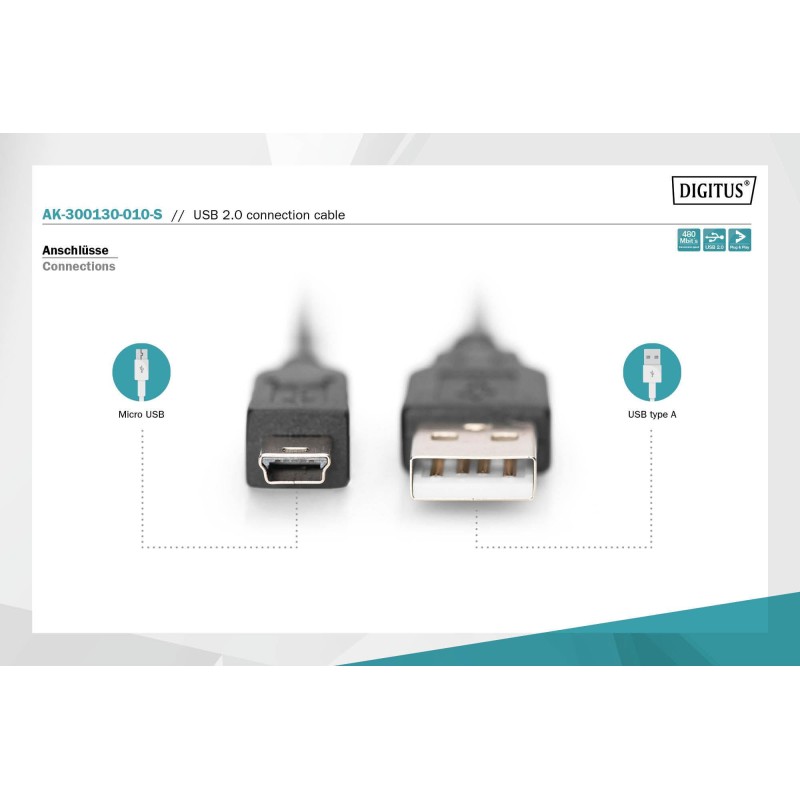 Kabel USB2.0 DIGITUS AK-300130-010-S Canon USB A/miniUSB B 1… | PartsPC.pl
