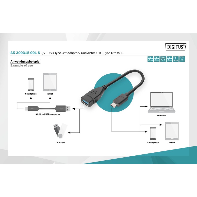 Kabel USB 3.1 Gen 1 DIGITUS SuperSpeed OTG Typ USB C/USB A M… | PartsPC.pl