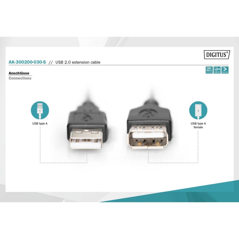 Przedłużacz USB 2.0 DIGITUS A/M - A/Ż, 3,0m, czarny | PartsPC.pl