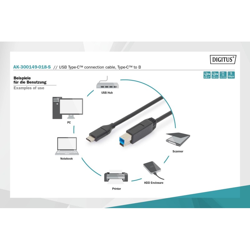 Kabel DIGITUS USB 3.0 SuperSpeed 5Gbps Typ USB C/B M/M Power… | PartsPC.pl