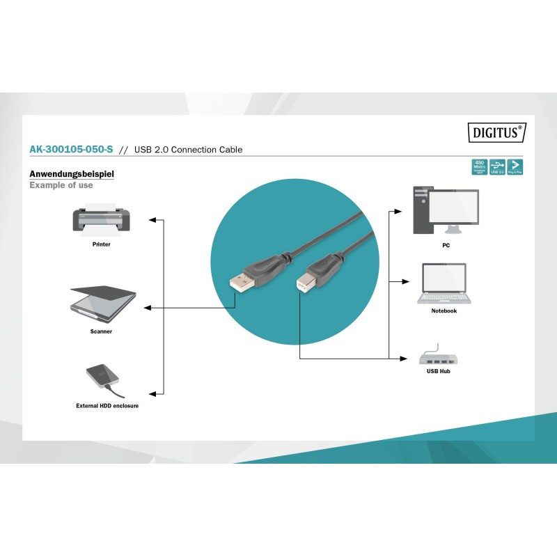 Kabel drukarkowy USB DIGITUS 2.0 A/M - USB B /M 5m czarny | PartsPC.pl