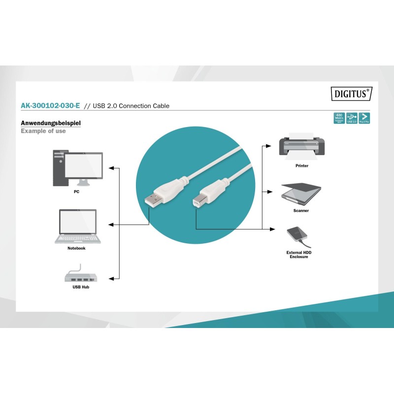 Kabel drukarkowy DIGITUS USB 2.0 A/M - B/M, 3m beżowy | PartsPC.pl