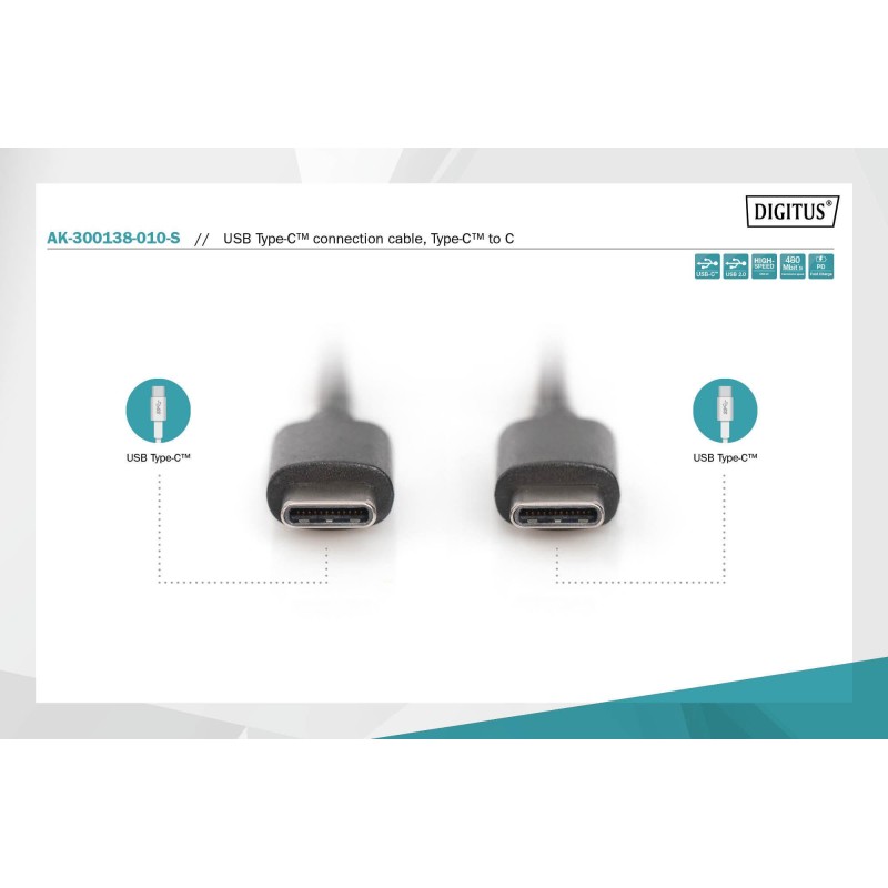 Kabel USB 2.0 DIGITUS HighSpeed Typ USB C/USB C M/M czarny 1… | PartsPC.pl