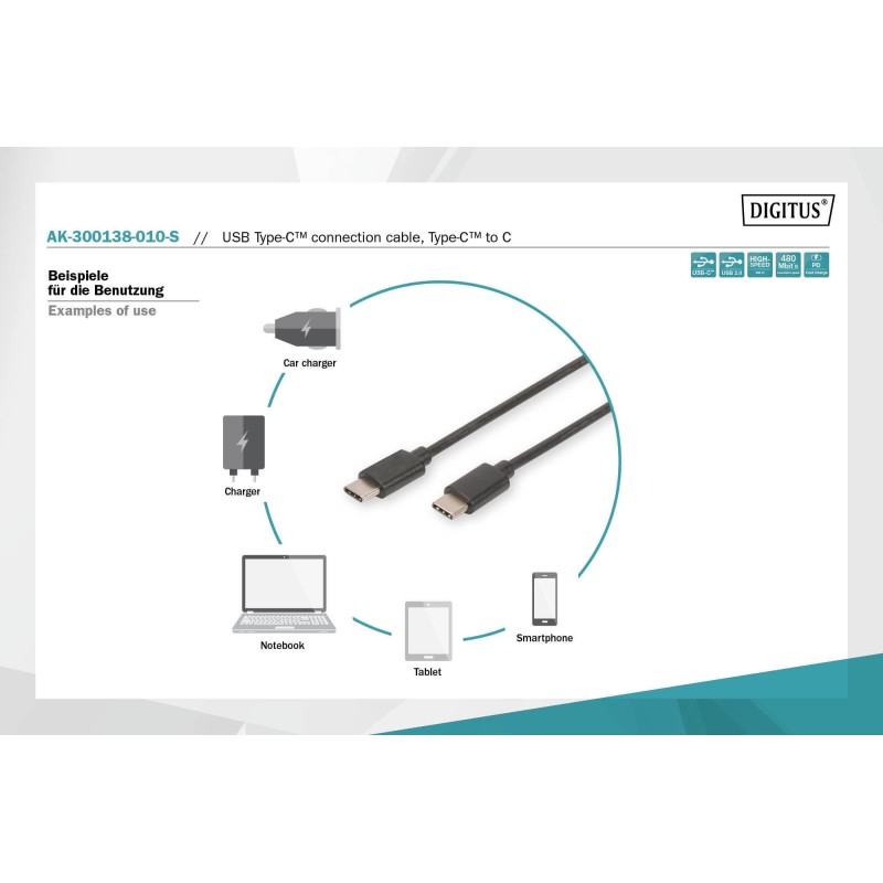 Kabel USB 2.0 DIGITUS HighSpeed Typ USB C/USB C M/M czarny 1… | PartsPC.pl