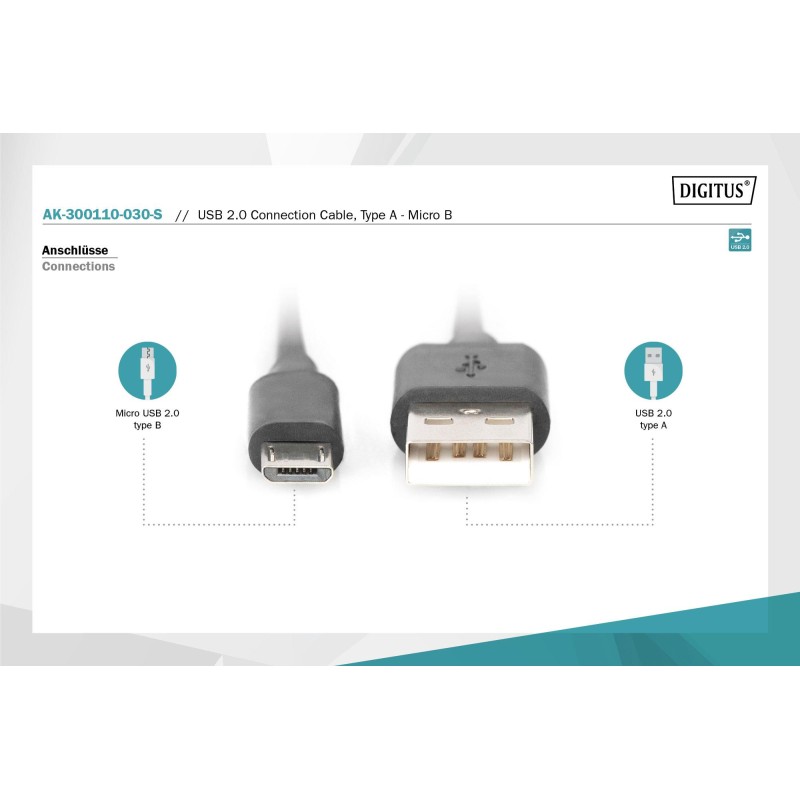 Kabel USB DIGITUS 2.0, typ A - B micro, 3m, czarny | PartsPC.pl
