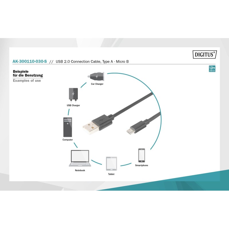 Kabel USB DIGITUS 2.0, typ A - B micro, 3m, czarny | PartsPC.pl