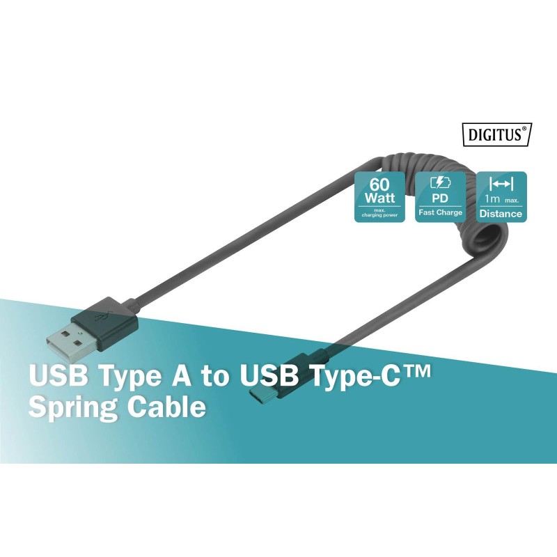 Kabel USB 2.0 DIGITUS spiralny USB A/USB C, PD 60W, czarny, … | PartsPC.pl