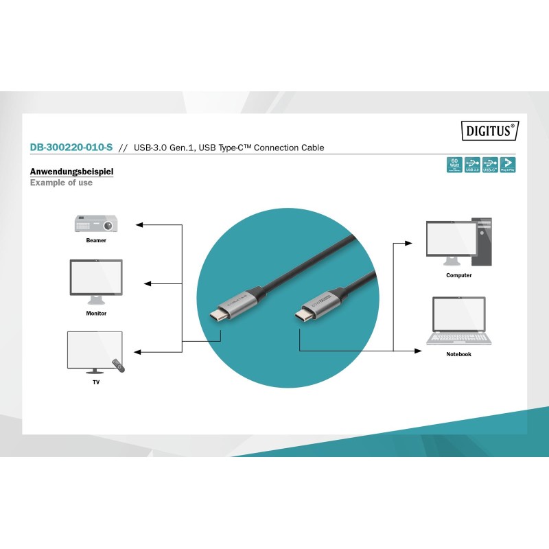 Kabel USB 3.0 DIGITUS PREMIUM 60W/5Gbps Typ USB C/USB C M/M … | PartsPC.pl