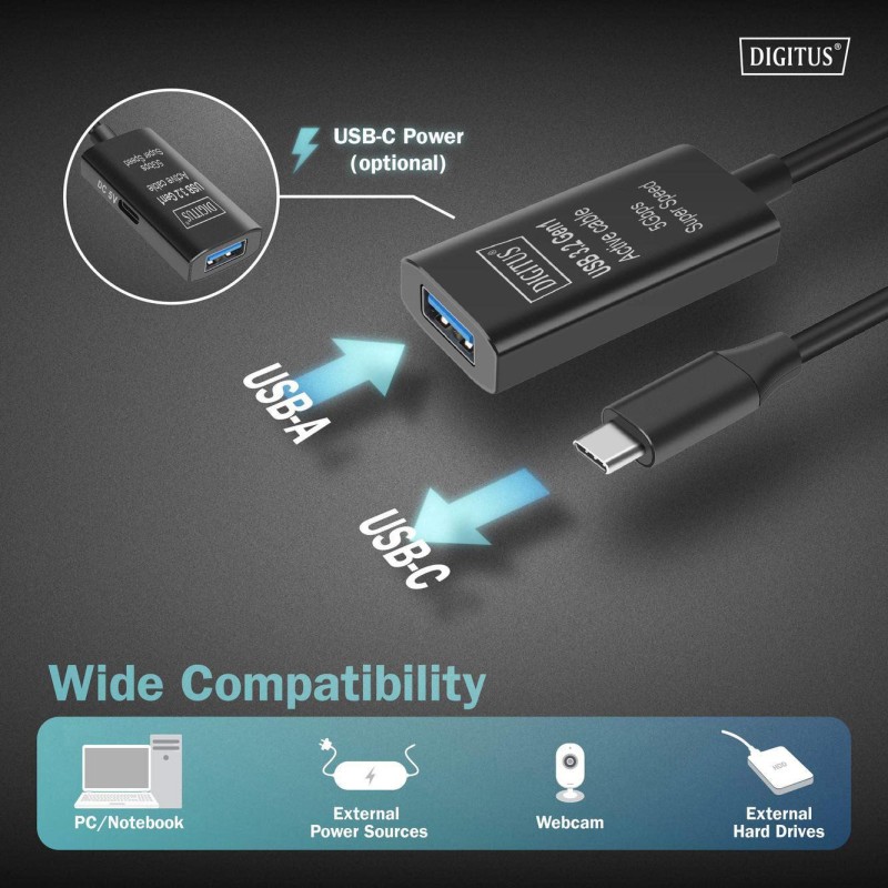 Kabel przedłużający aktywny DIGITUS DA-73110, USB 3.2 Gen1, 5Gbps, USB-C -