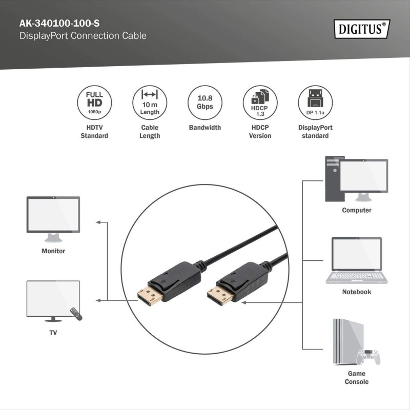 Kabel DisplayPort DIGITUS z zatrzaskami 1080p 60Hz FHD Typ D… | PartsPC.pl