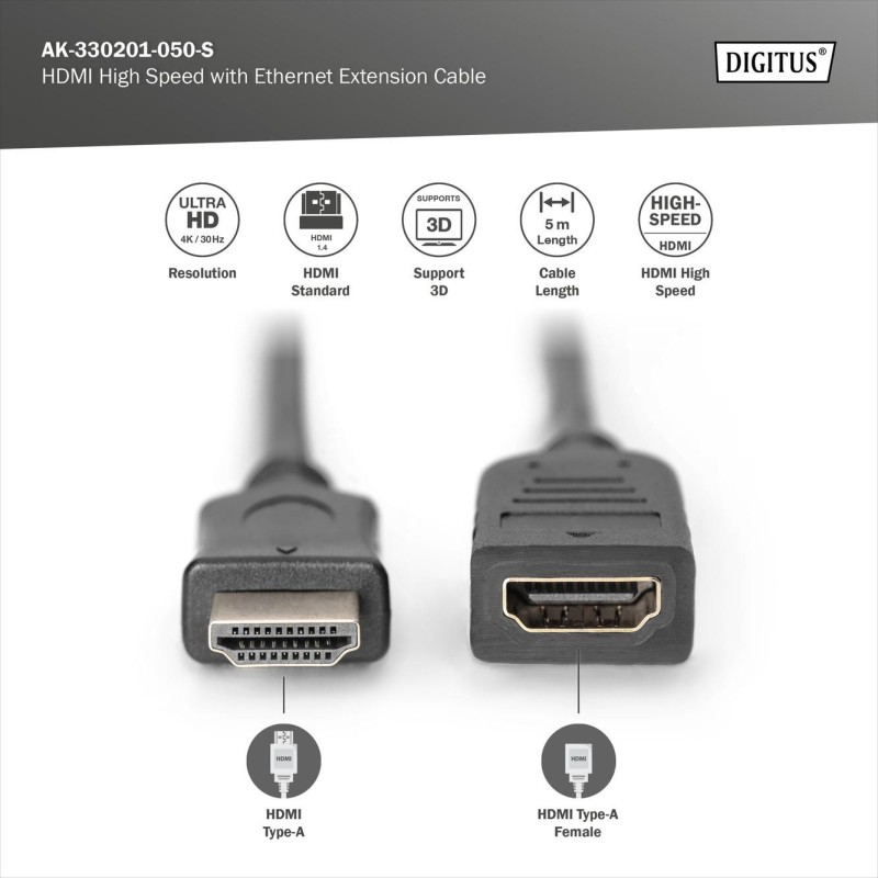Przedłużacz HDMI DIGITUS AK-330201-050-S Ethernet 1.4 Gold 5… | PartsPC.pl