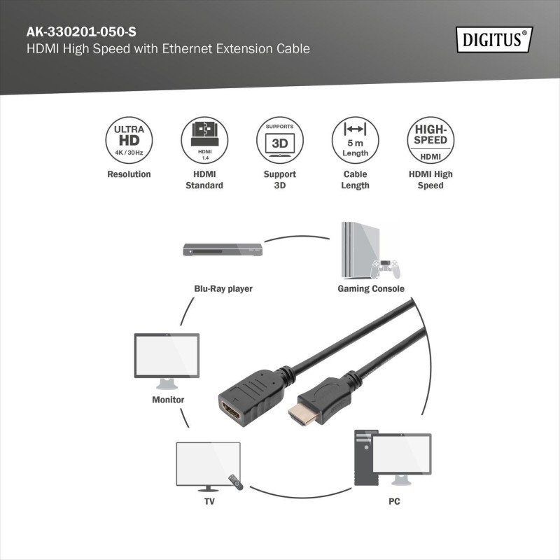 Przedłużacz HDMI DIGITUS AK-330201-050-S Ethernet 1.4 Gold 5… | PartsPC.pl