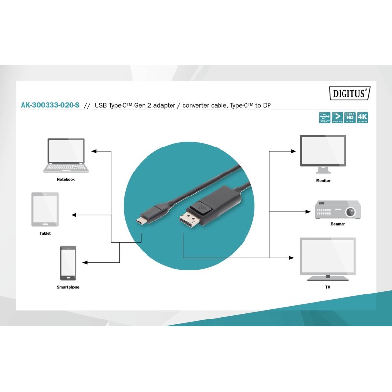 Kabel adapter DIGITUS USB 3.1 Gen 2 SuperSpeed+ Typ USB C/DP… | PartsPC.pl