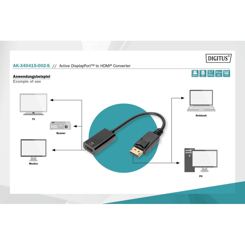 Kabel adapter DIGITUS DisplayPort z zatrzaskiem 4K 60Hz UHD … | PartsPC.pl