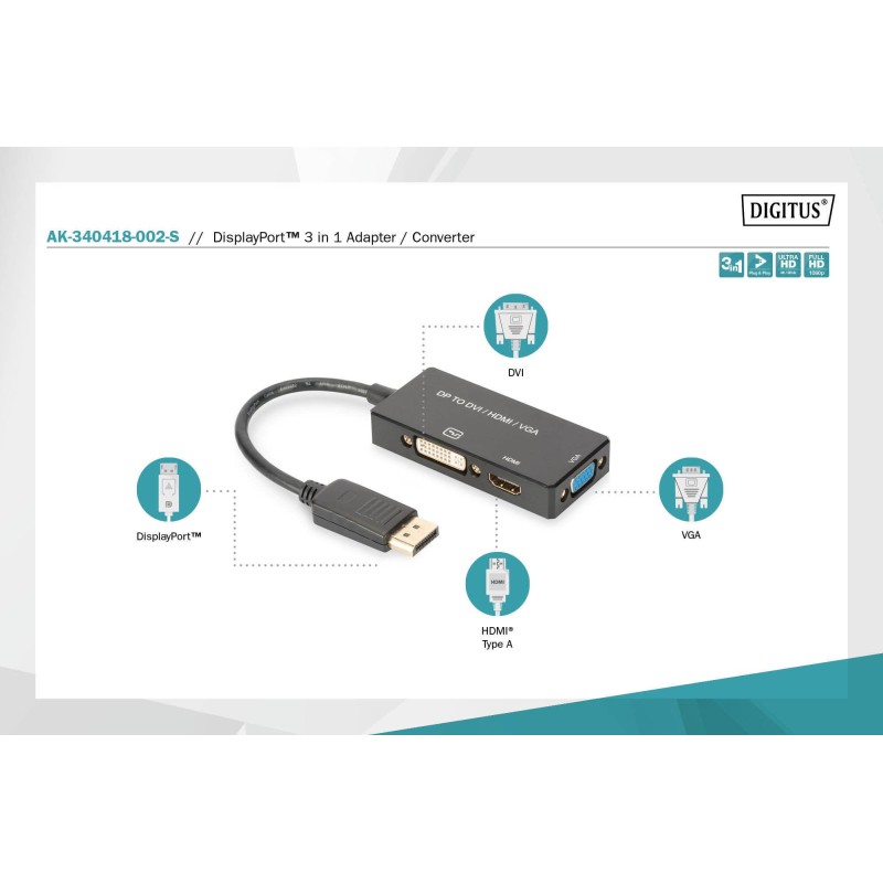 Kabel adapter DIGITUS 3w1 DisplayPort 4K 30Hz/1080p 60Hz DP … | PartsPC.pl