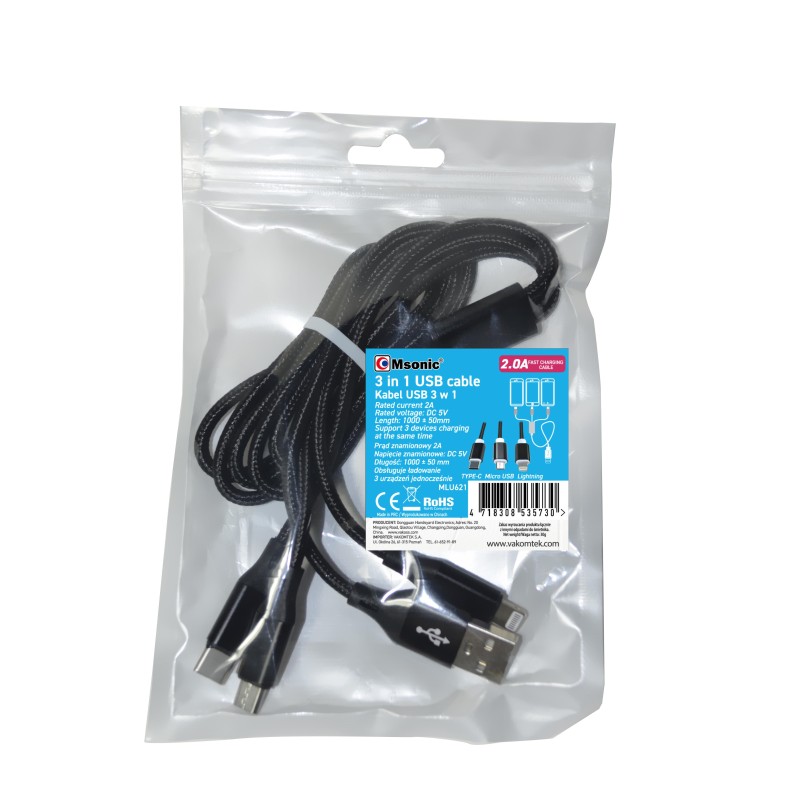 Kabel Msonic MLU621 3w1 Mircro USB/USB C/ Lightning | PartsPC.pl