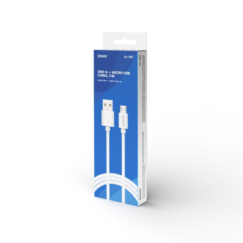 Kabel USB 2.0 SAVIO CL-167 USB A - micro USB, 3m, biały