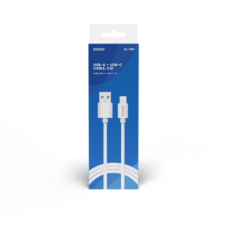 Kabel USB 2.0 SAVIO CL-168 USB A - USB C, 3m, biały