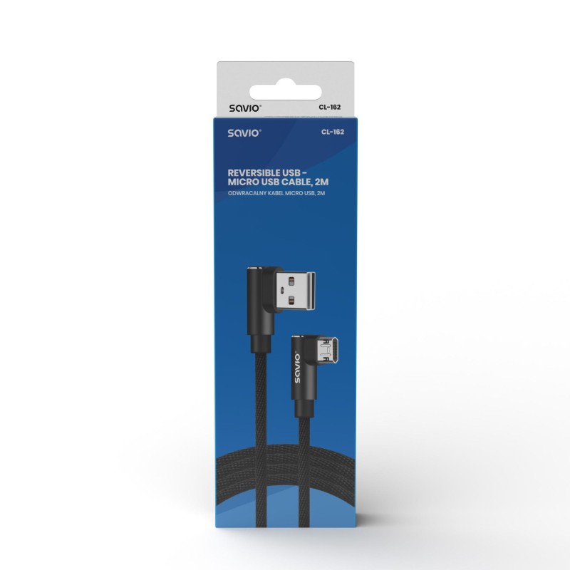 Kabel USB SAVIO CL-162 USB A (M) - Micro USB (M), 2m, kątowy, dwustronny,