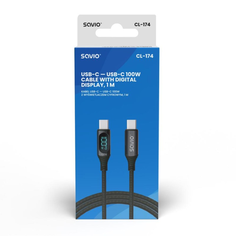 Kabel USB SAVIO CL-174, USB-C do USB-C, z wyświetlaczem cyfrowym, 1m,
