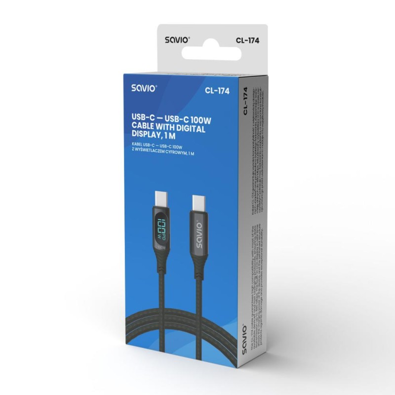 Kabel USB SAVIO CL-174, USB-C do USB-C, z wyświetlaczem cyfrowym, 1m,