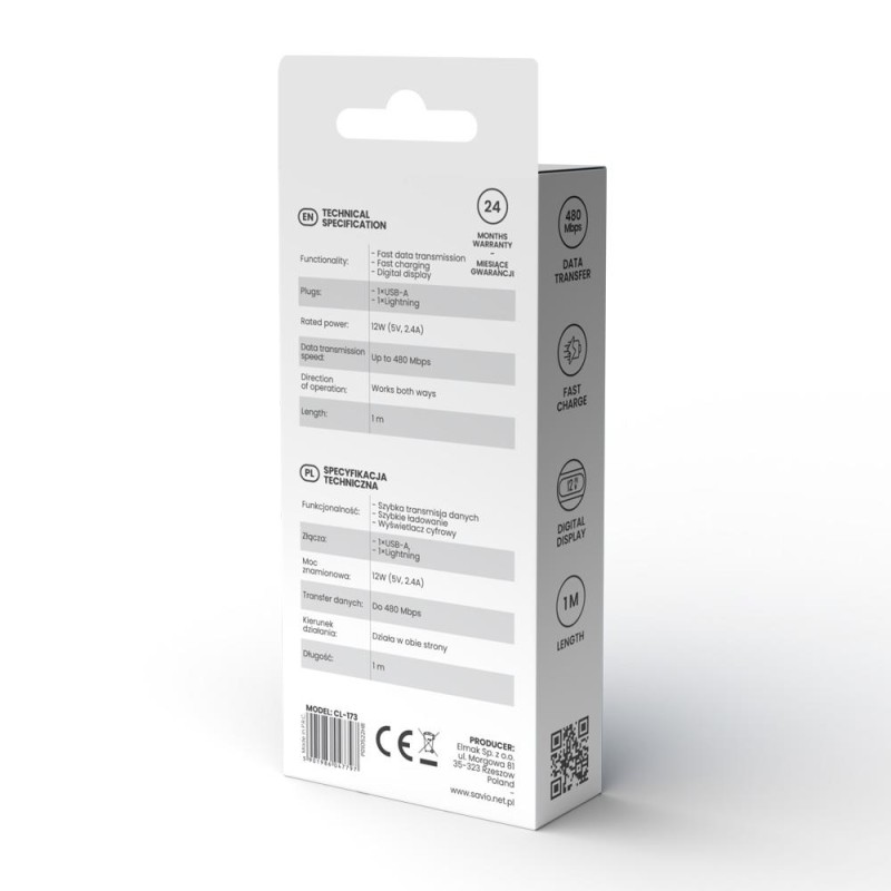 Kabel USB SAVIO CL-174, USB-C do USB-C, z wyświetlaczem cyfrowym, 1m,
