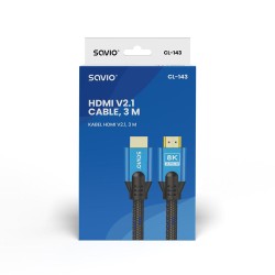 Kabel HDMI v2.1 Savio CL-143 3m, 8K, OFC, niebiesko-czarny, złote końcówki