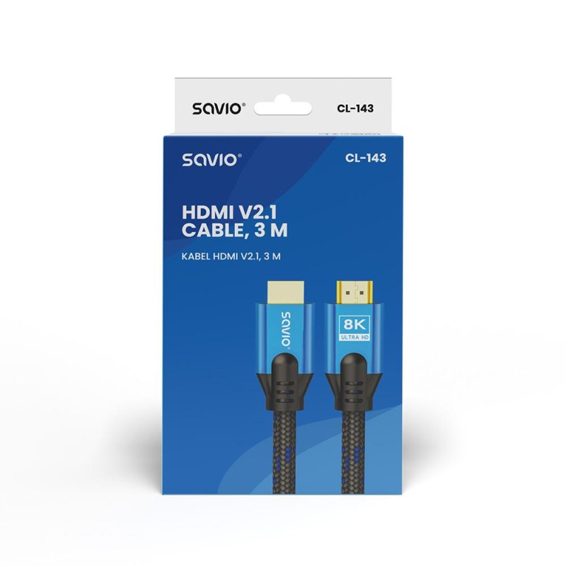 Kabel HDMI v2.1 Savio CL-143 3m, 8K, OFC, niebiesko-czarny, złote końcówki