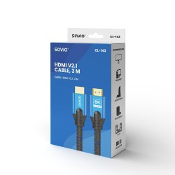 Kabel HDMI v2.1 Savio CL-143 3m, 8K, OFC, niebiesko-czarny, złote końcówki