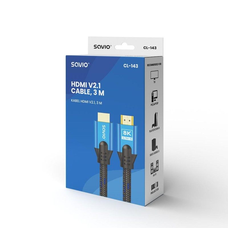 Kabel HDMI v2.1 Savio CL-143 3m, 8K, OFC, niebiesko-czarny, złote końcówki