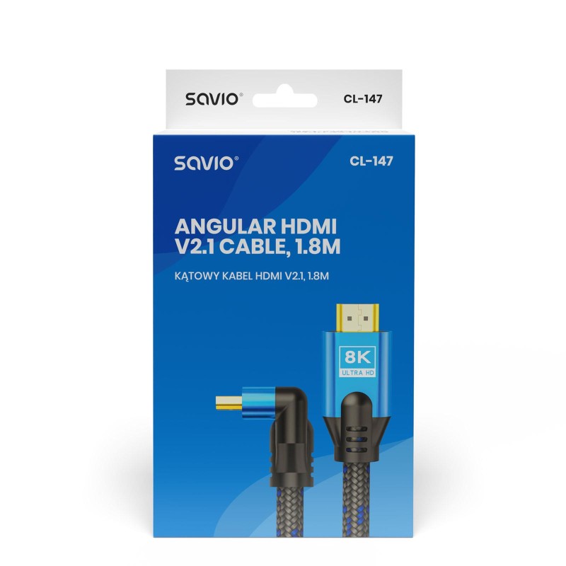 Kabel HDMI v2.1 Savio CL-147 1,8m, 8K, kątowy, OFC, niebiesko-czarny, złote