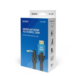 Kabel HDMI v2.1 Savio CL-147 1,8m, 8K, kątowy, OFC, niebiesko-czarny, złote