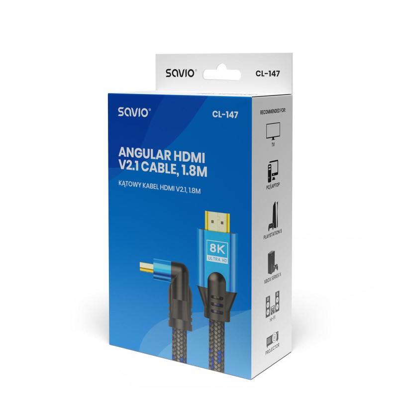 Kabel HDMI v2.1 Savio CL-147 1,8m, 8K, kątowy, OFC, niebiesko-czarny, złote