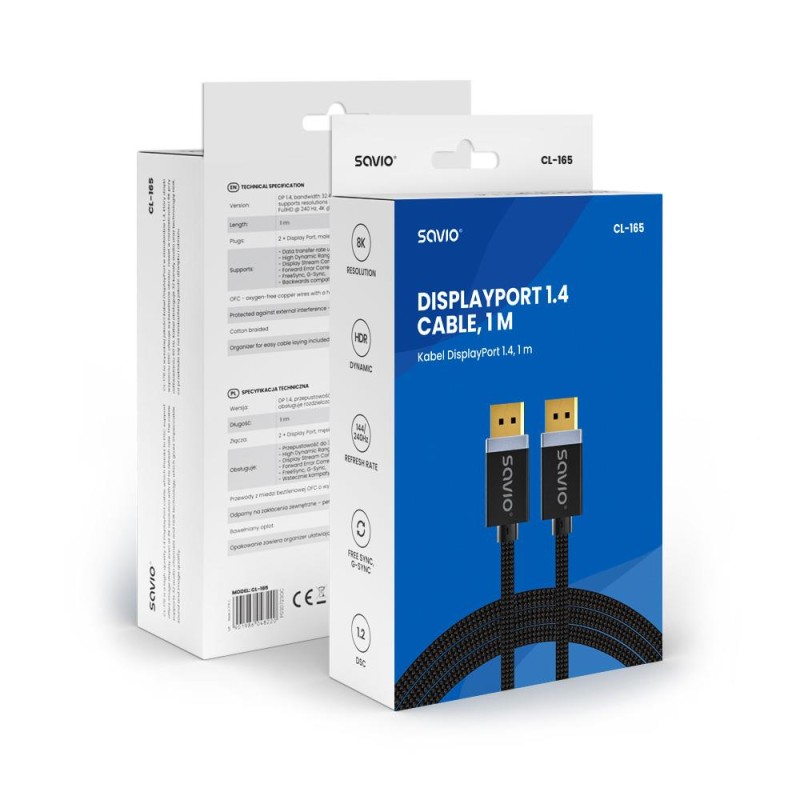 Kabel DisplayPort v1.4 Savio CL-165 (M/M) 1m czarny | PartsPC.pl