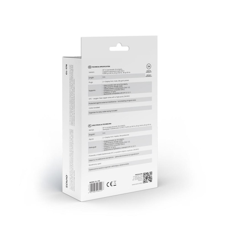 Kabel DisplayPort v1.4 Savio CL-176 (M/M), 8K, 3m, miedź, ba… | PartsPC.pl