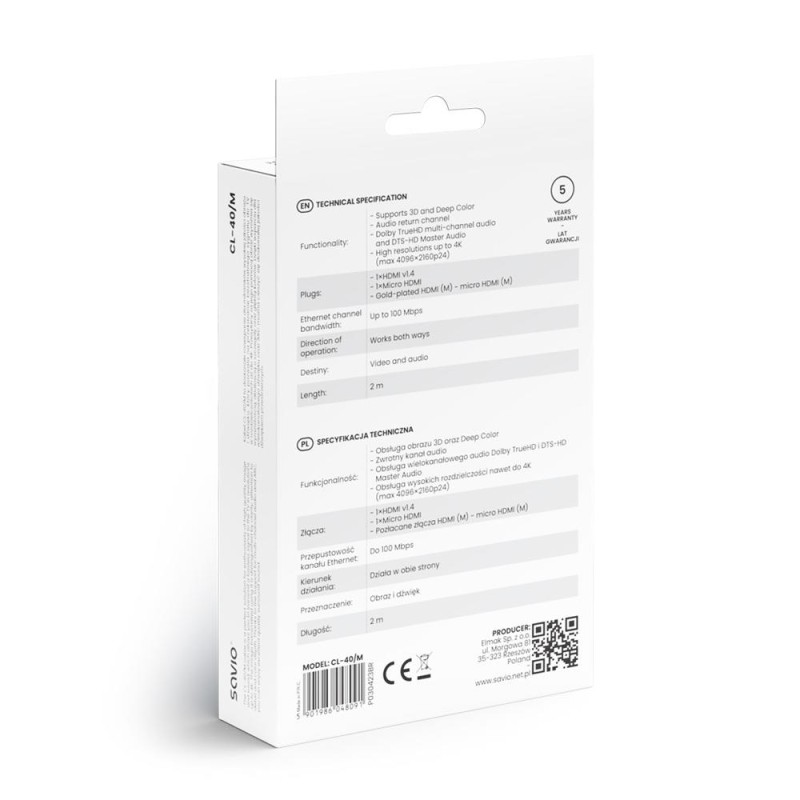 Kabel HDMI - micro HDMI Savio CL-40/M 2m czarny, złote k. v1.4