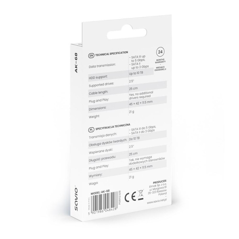 Kabel adapter SAVIO AK-68 USB-A 3.1 Gen 1 (M) - SATA (F) do … | PartsPC.pl