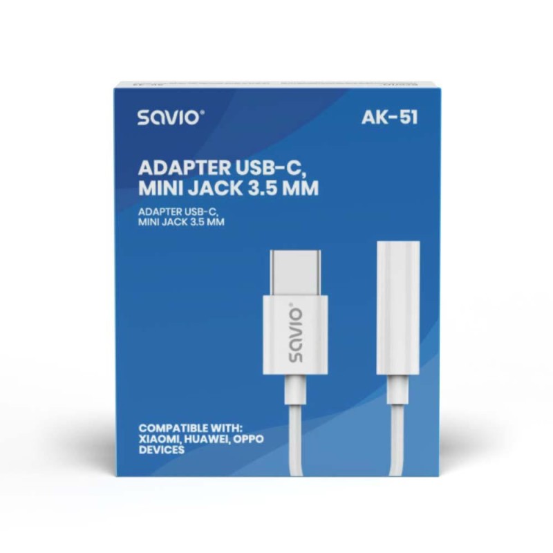 Kabel adapter Savio AK-51 USB-C - Mini Jack 3,5mm (F), Huawei, Oppo, Xiaomi