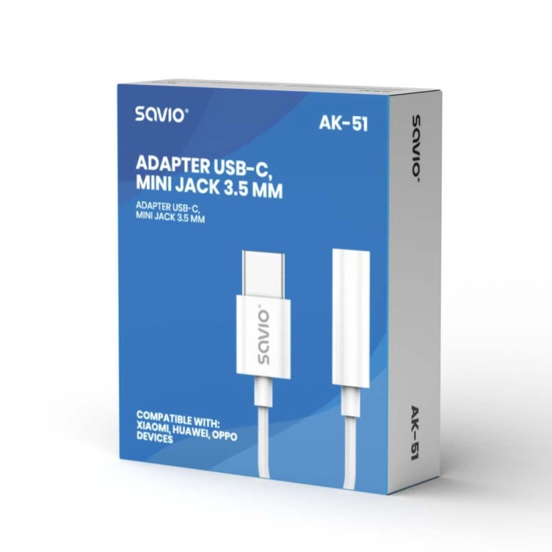 Kabel adapter Savio AK-51 USB-C - Mini Jack 3,5mm (F), Huawei, Oppo, Xiaomi