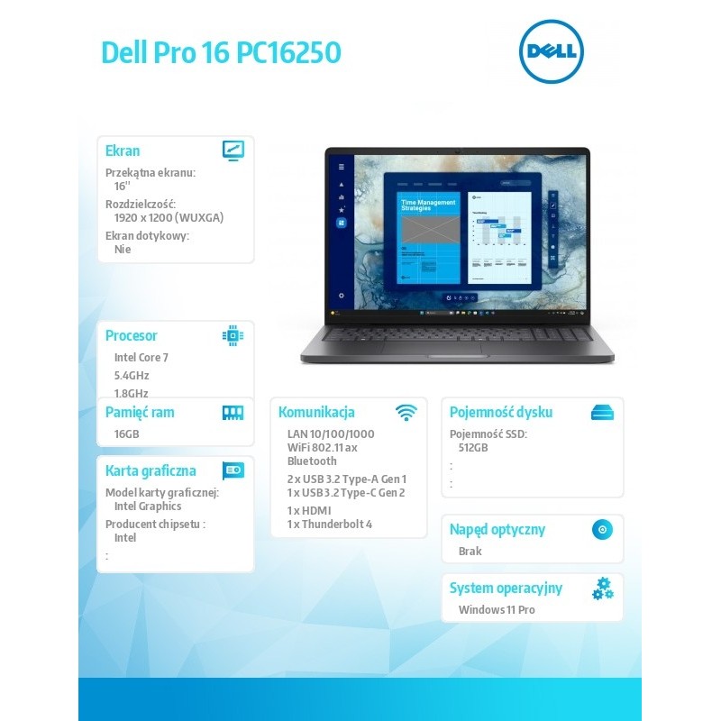 Laptop Dell Pro 16 PC16250 W11P C7 150U/16GB/512GB CL25/FgrP… | PartsPC.pl