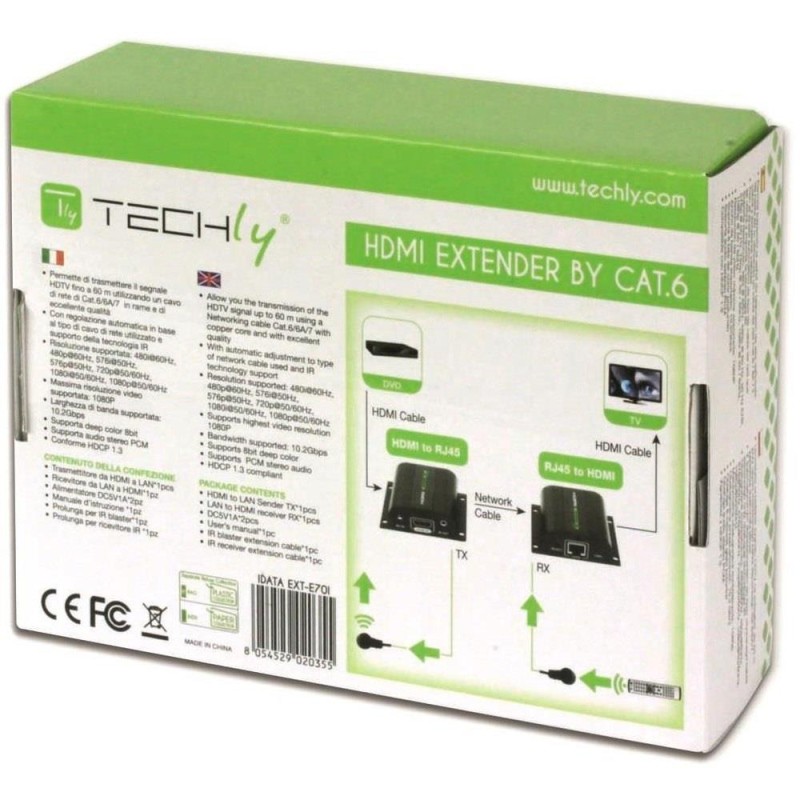 Extender HDMI Techly EXT-E70I po skrętce Cat. 5e/6/6a/7, do 60m, z