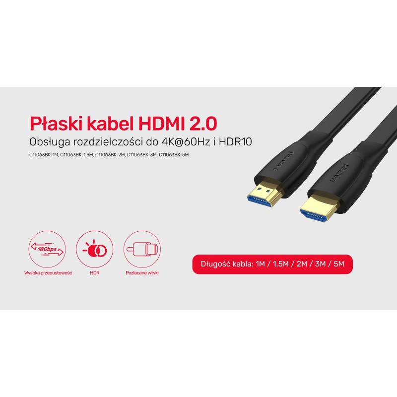 Kabel HDMI Unitek C11063BK-5M High Speed 2.0, 4K 60Hz, płask… | PartsPC.pl