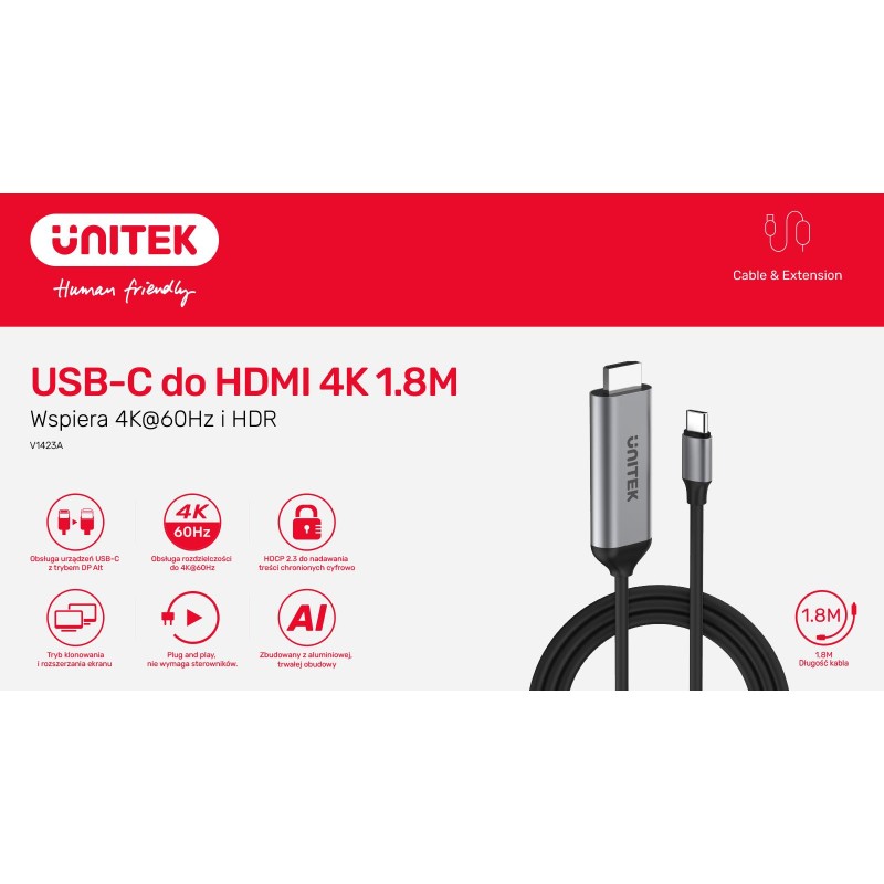 Unitek Kabel USB-C na HDMI 4K 60Hz, 1.8 m | PartsPC.pl