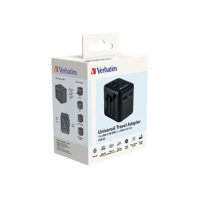Adapter podróżny Verbatim UTA-02 globalny 1xUSB-C PD 20W, 1x… | PartsPC.pl