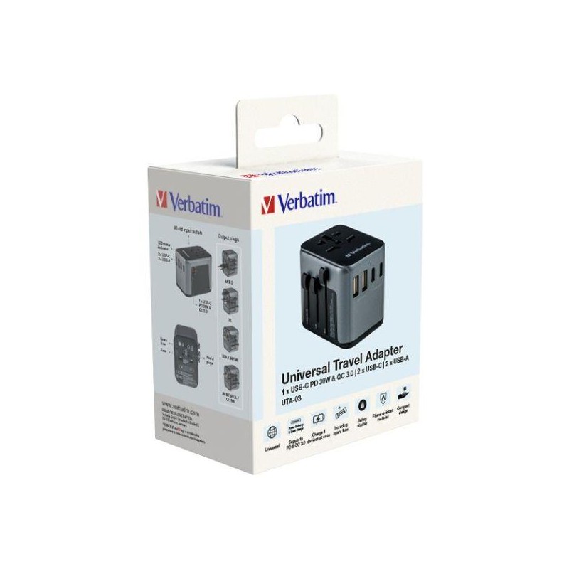 Adapter podróżny Verbatim UTA-03 globalny 1xUSB-C PD 30W QC … | PartsPC.pl