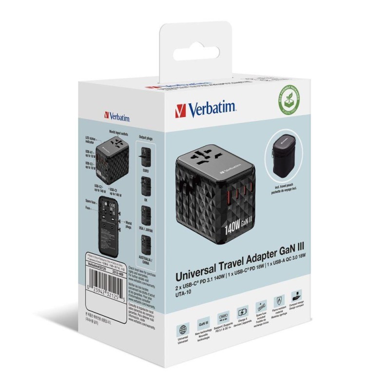Adapter podróżny Verbatim UTA-10 GaN III globalny 2xUSB-C PD… | PartsPC.pl