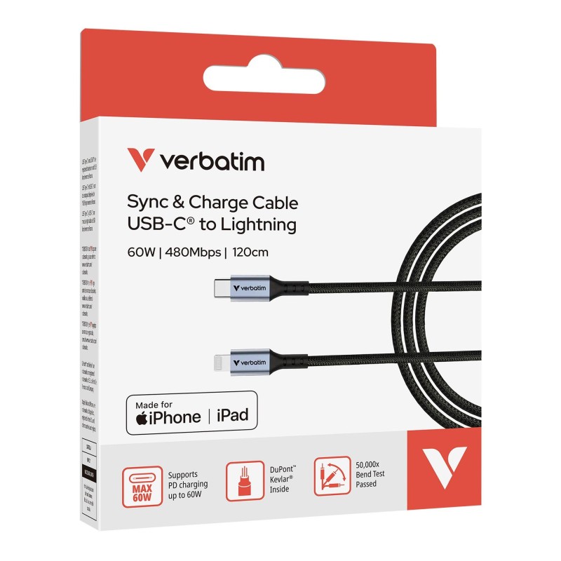 Kabel Verbatim USB-C(M) - Lightning 1,2m, 60W, czarny | PartsPC.pl