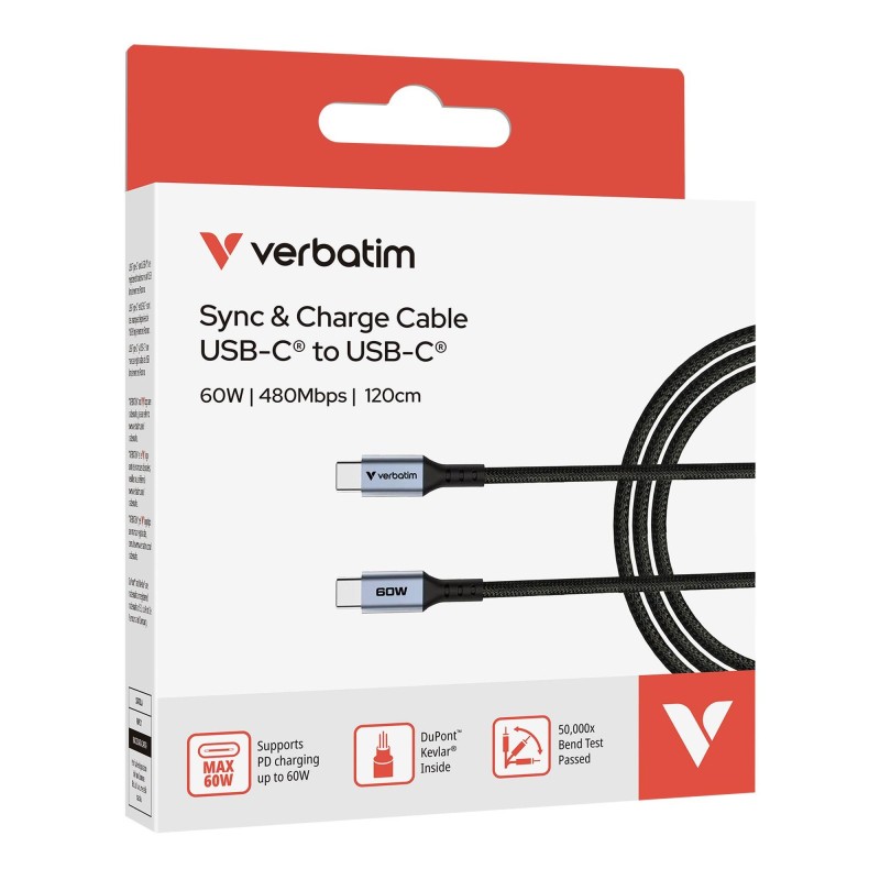 Kabel Verbatim USB-C(M) - USB-C(M) 1,2m, 60W, PD, czarny | PartsPC.pl